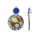 Blauwe oorclips met een gekleurde ronde hanger met patroon