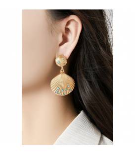 Schelpen oorclips | Goudkleurig met blauwe kristallen | Elegante oorbellen