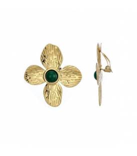 Oorclips | Bloemvorm met groen steentje | Goudkleurige oorbellen