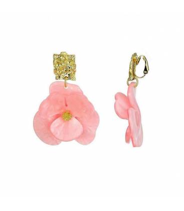 Oorclips | Roze oorclips met bloemhanger | Vierkant oorstukje oorclips