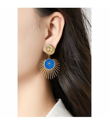 Oorclips | Goudkleurige fashion oorbellen | Blauwe zon design
