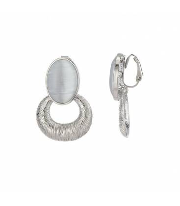 Oorclips | Zilverkleurige oorclips met witte cat eye steen | Elegante clip-on oorbellen