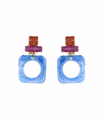 Oorclips | Blauwe oorclips met roze en oranje glas steentje | Trendy fashion accessoires
