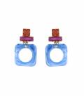 Blauwe oorclips met een roze en oranje glas steentje