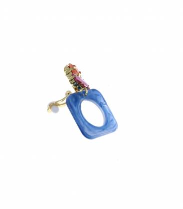 Oorclips | Blauwe oorclips met roze en oranje glas steentje | Trendy fashion accessoires