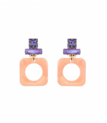 Oorclips | Oranje oorclips met paarse glas steentjes | Fashion statement accessoires