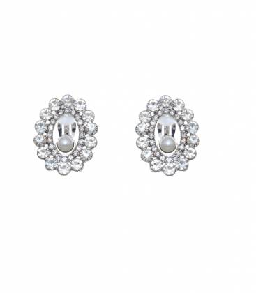 Oorclips | Zilverkleurige oorclips met strass randen | Oorclips met pareltje