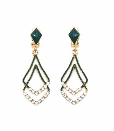 Groene oorclips | Modeaccessoire | Dubbele hanger strass steentjes