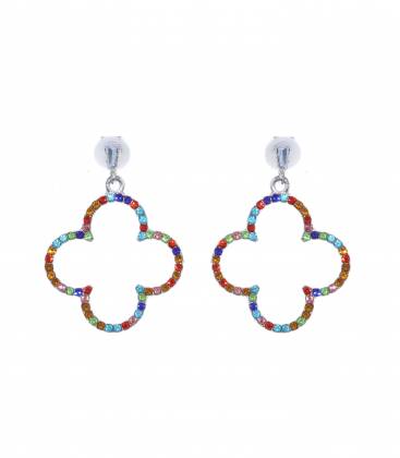 Fijne oorclips in bloemvorm met gekleurde strass steentjes in de rand