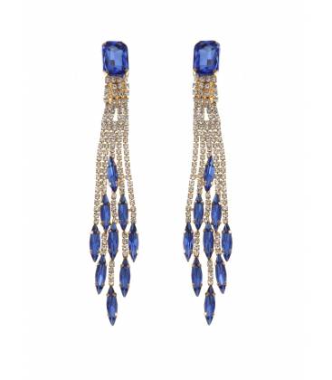 Lange oorclips | Goudkleurige lange oorclips met blauwe glas steentjes