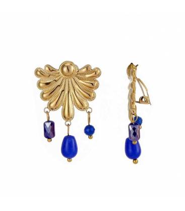 Oorclips goudkleurig blauwe kraaltjes | sieraad fashion statement
