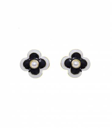Oorclips | zwarte bloem clip oorclips met creme rand