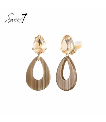 Oorclip | Champagnekleurige steen en taupe hanger | Sweet 7