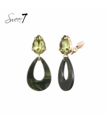 Oorclip | Lichtgroene steen met donkergroene hanger | Sweet7