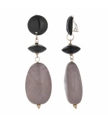 Oorclips | Zwart en grijs statement | Lang model met steenlook