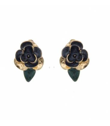 Oorclips | Blauwe bloem met goudkleur en groen accent