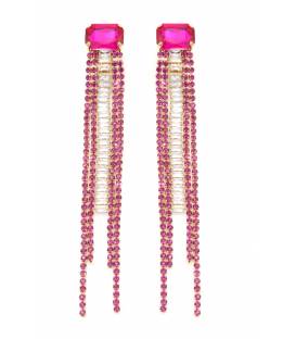 Oorclips | Felroze strass met baguette steen | Lang model