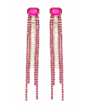 Oorclips | Felroze strass met baguette steen | Lang model