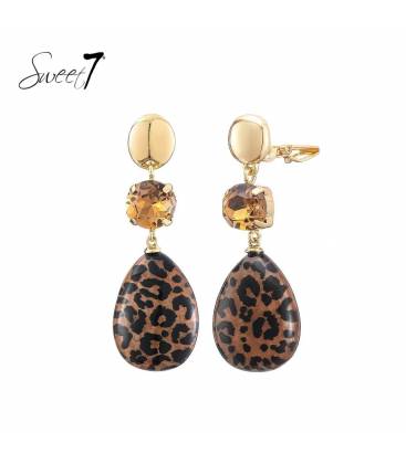 Oorclips | Panterprint hanger met bruine steen | Sweet7 fashion