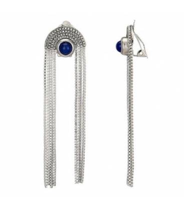Oorclips | Zilverkleurig met blauwe steen | Lange kettingdetails