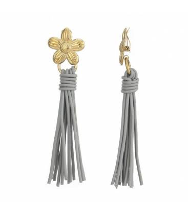 Oorclips | Gouden bloem en grijze tassels | Speelse statement
