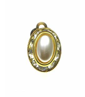 Ovale goudkleurige oorclips met parel hart en strass steentjes rand