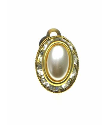 Ovale goudkleurige oorclips met parel hart en strass steentjes rand