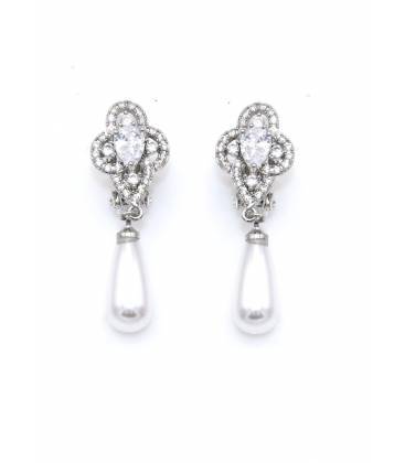 Oorclips | Zilverkleurige kristal met parel | Elegant design