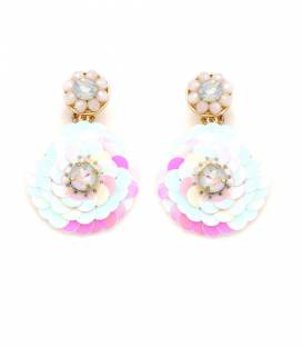 Oorclips wit, roze met iriserende lagen en kristalaccent