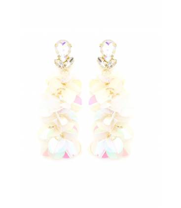 Oorclips | Witte bloemen met pastelglans | Kristalaccent