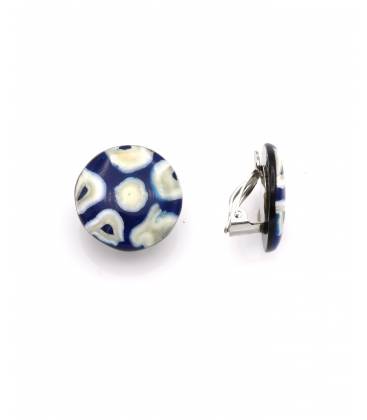 Oorclips | Blauw creme abstract patroon | Ronde retro look