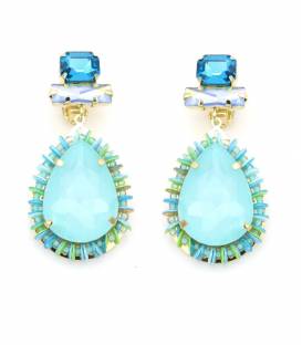 Oorclips | Turquoise druppelsteen met blauwe kristallen | Luxe look