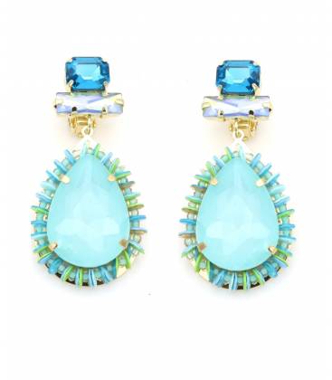 Oorclips | Turquoise druppelsteen met blauwe kristallen | Luxe look