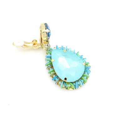 Oorclips | Turquoise druppelsteen met blauwe kristallen | Luxe look