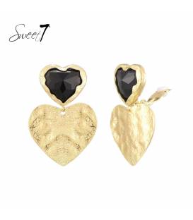 Oorclips | Zwarte hartsteen met goudkleurig hart | Statement sieraden